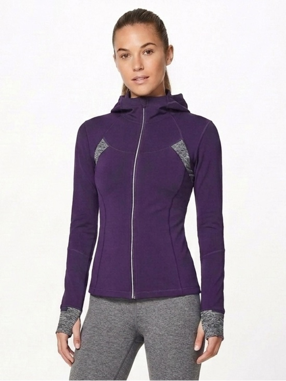 REEBOK Purple Black Marled Hooded Gym Sport Jacket XS Extra Small EUC $60